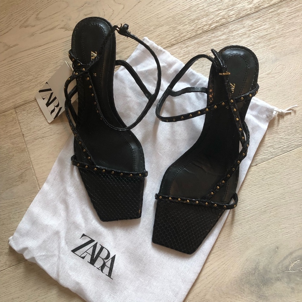 Zara Black Strappy Heels with Gold Studs